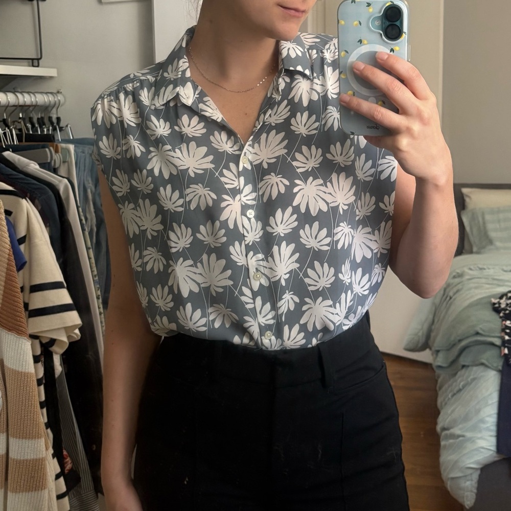 LOFT Blue and White Floral Button Down Shirt